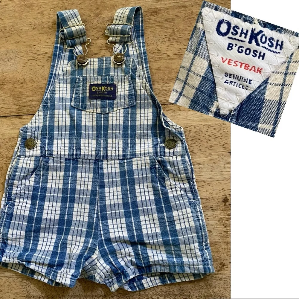 Vintage OshKosh B’Gosh Infant Size 12 Months Blue Plaid Denim Shortalls